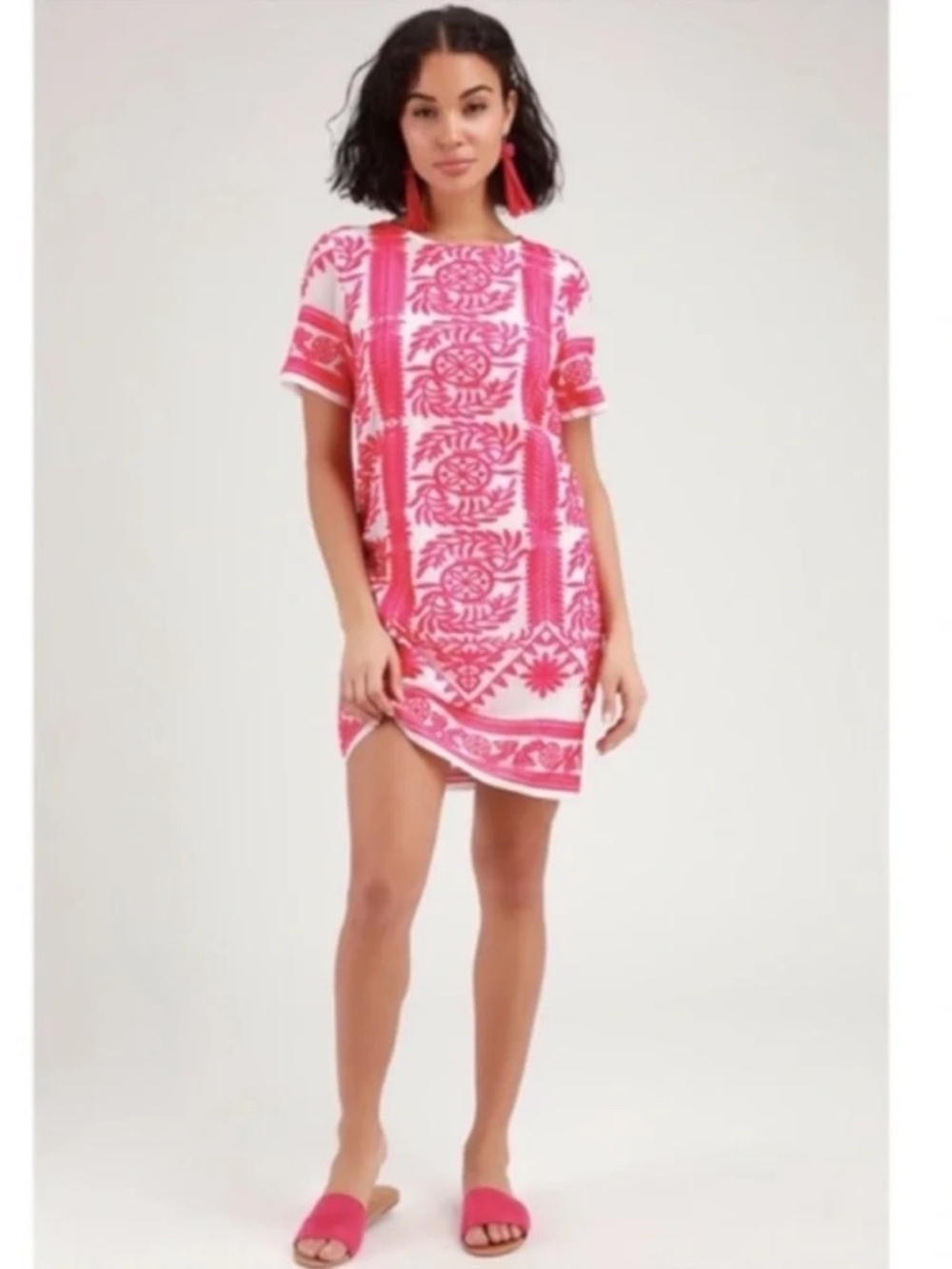 Lulu's Fond of You Hot Pink Embroidered Short Sleeve Shift Dress